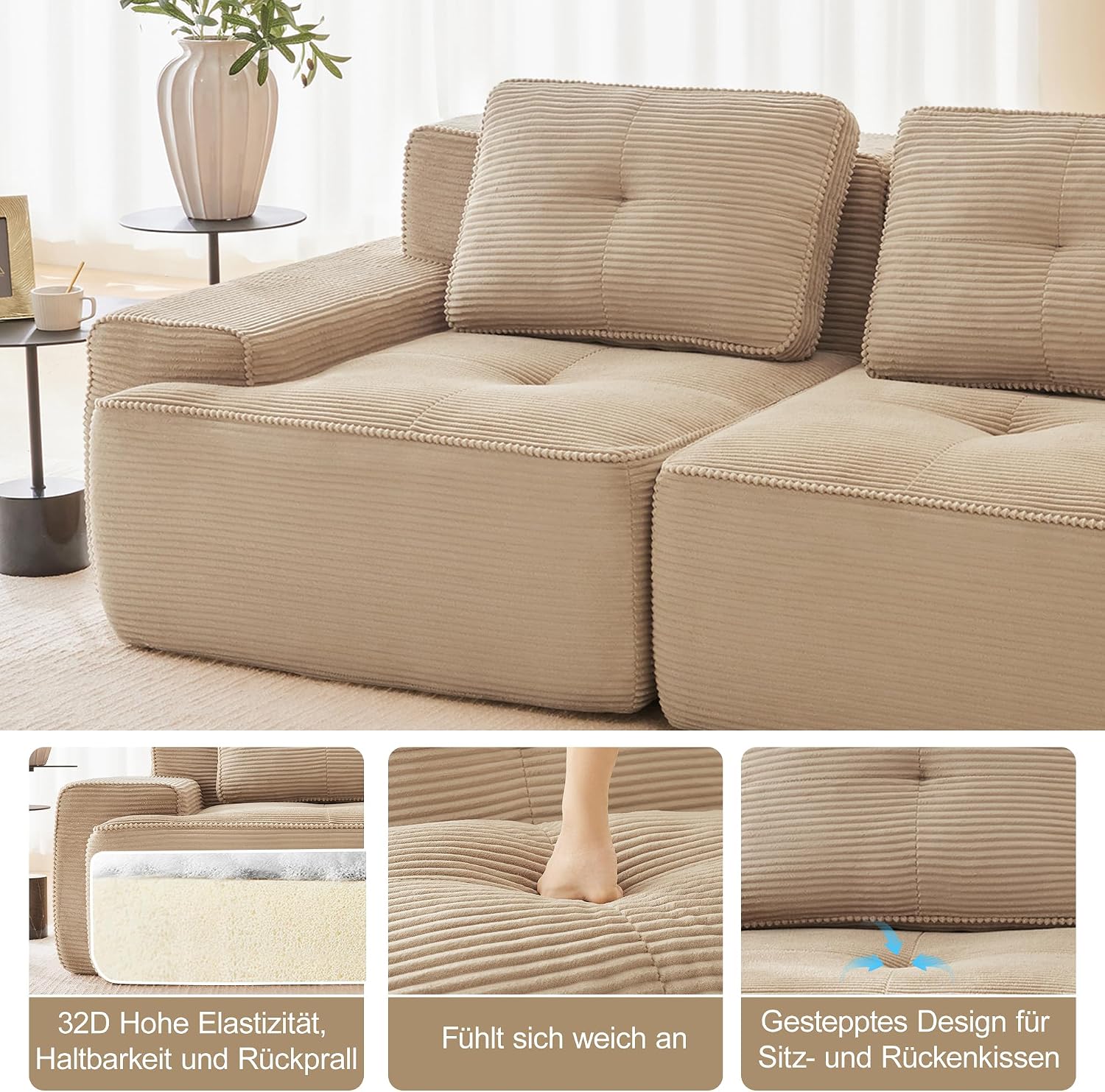 Canapé Modulable Cloud en Velours Côtelé – Assise Profonde, Convertible, Sans Montage