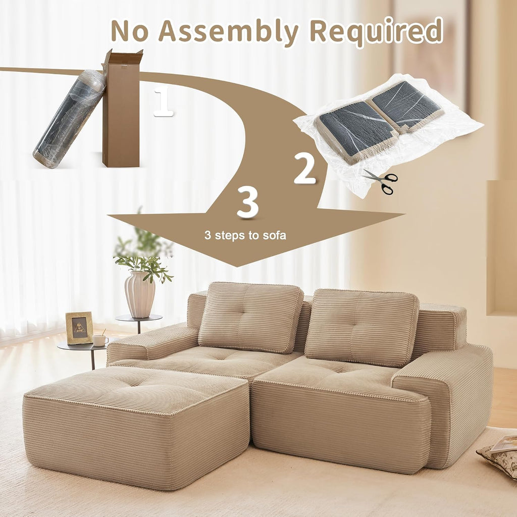 Canapé modulable en L Bladez – 3+1 places – Tissu côtelé kaki clair – Assise profonde