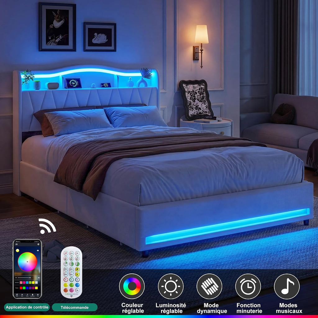 Lit Double 140x200 cm – 4 Tiroirs de Rangement, Éclairage LED +6000 Couleurs & Tête de Lit Réglable en PU
