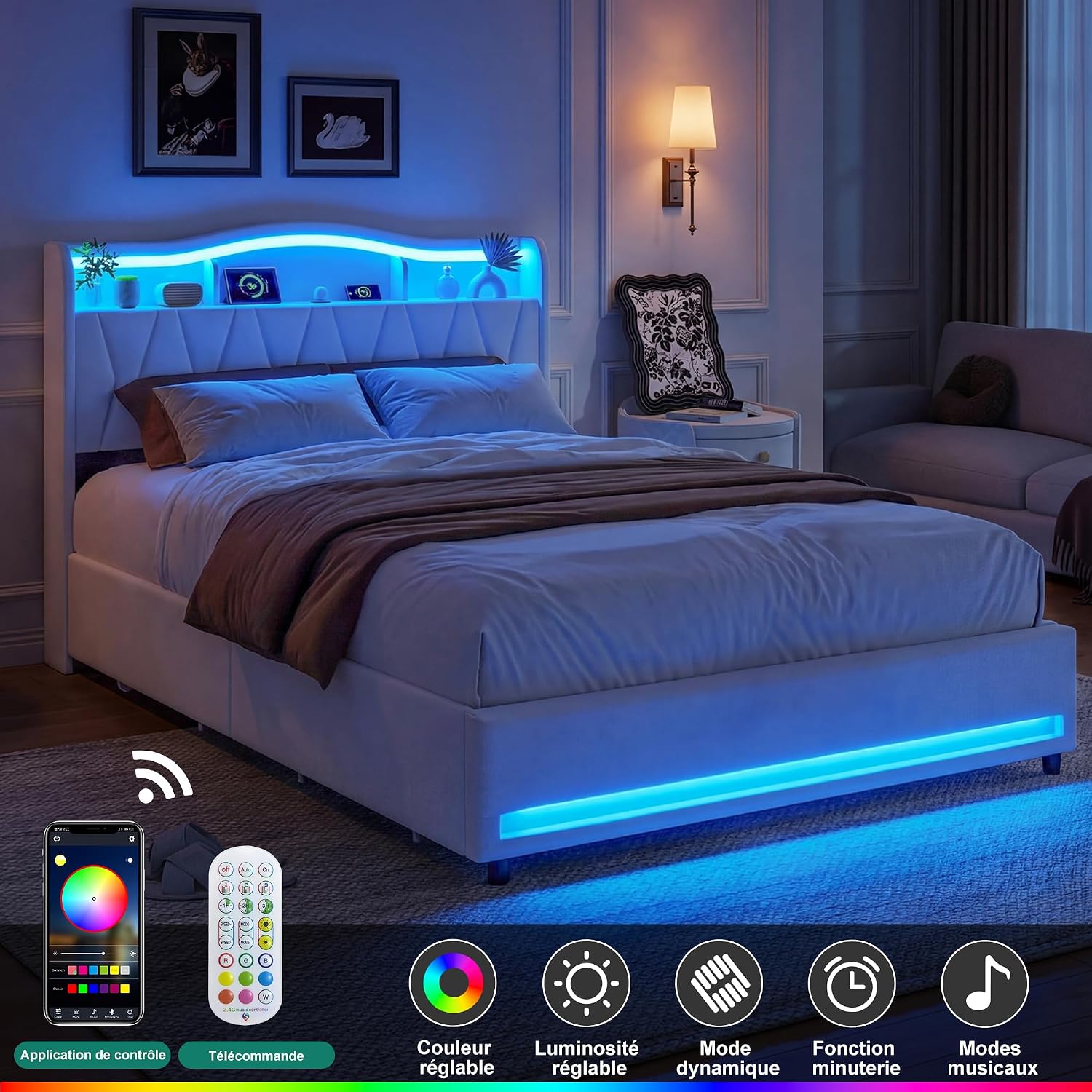Lit Double 140x200 cm – 4 Tiroirs de Rangement, Éclairage LED +6000 Couleurs & Tête de Lit Réglable en PU