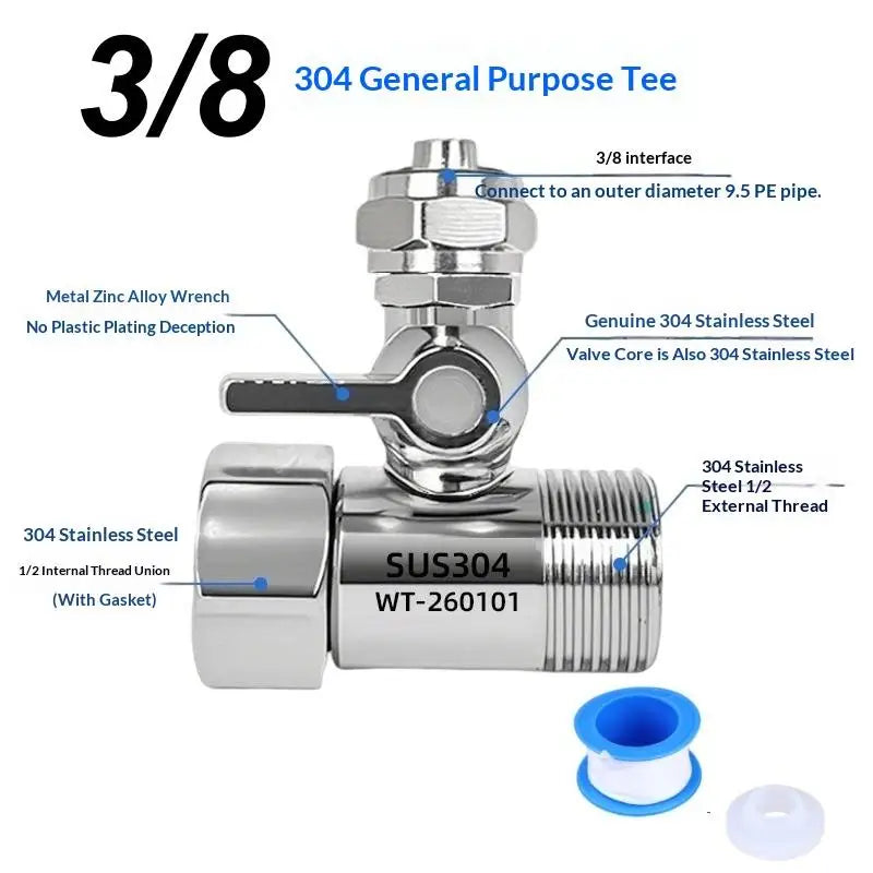 Adaptateur alimentation eau RO 1/2" vers 1/4"-3/8" avec vanne d'arrêt – Inox 304