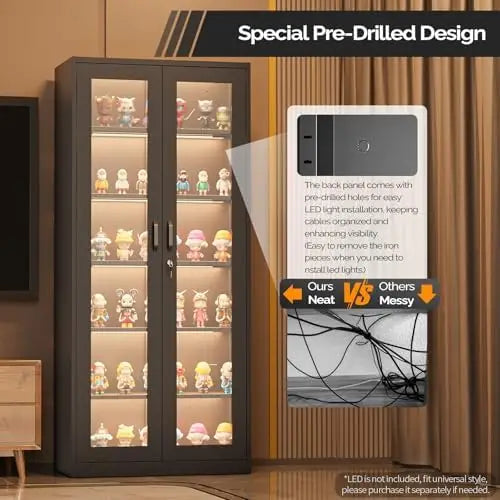 Lockable Display Cabinet with Glass Doors & 5 Adjustable Shelves, 71" Tall Black Metal Storage Cabinet Curio Liquor
