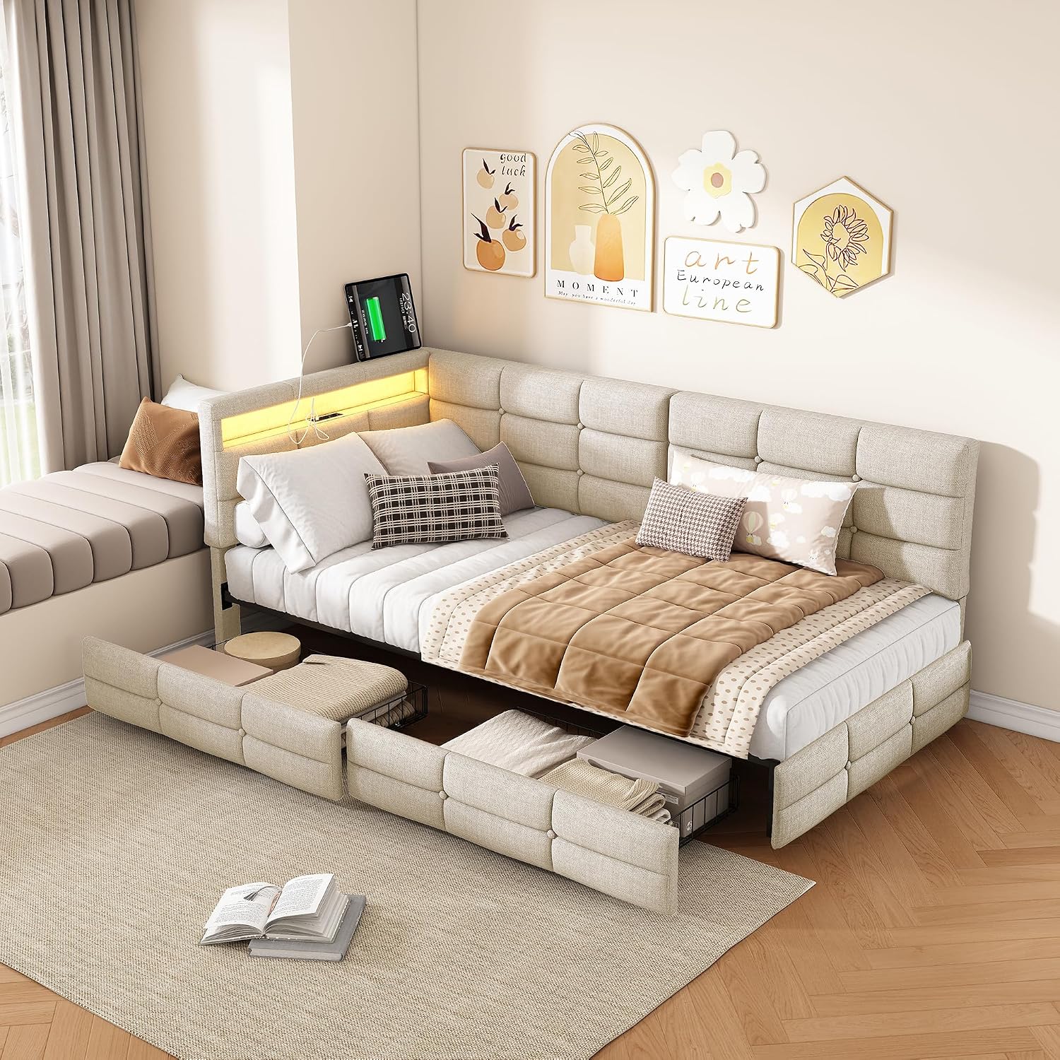 Lit Coffre 90x200 cm – Tête de Lit Rangement, Éclairage LED 16 Couleurs & Ports USB/USB-C