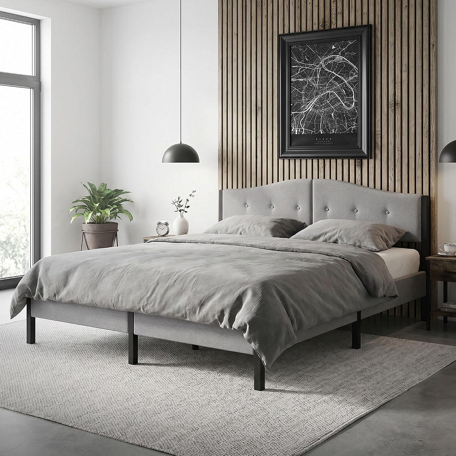 Lit Rembourré ML-Design | Cadre en Acier, Sommier à Lattes, Tête de Lit | Tissu Lin Beige ou Gris | 90/140/160/180 x 200 cm