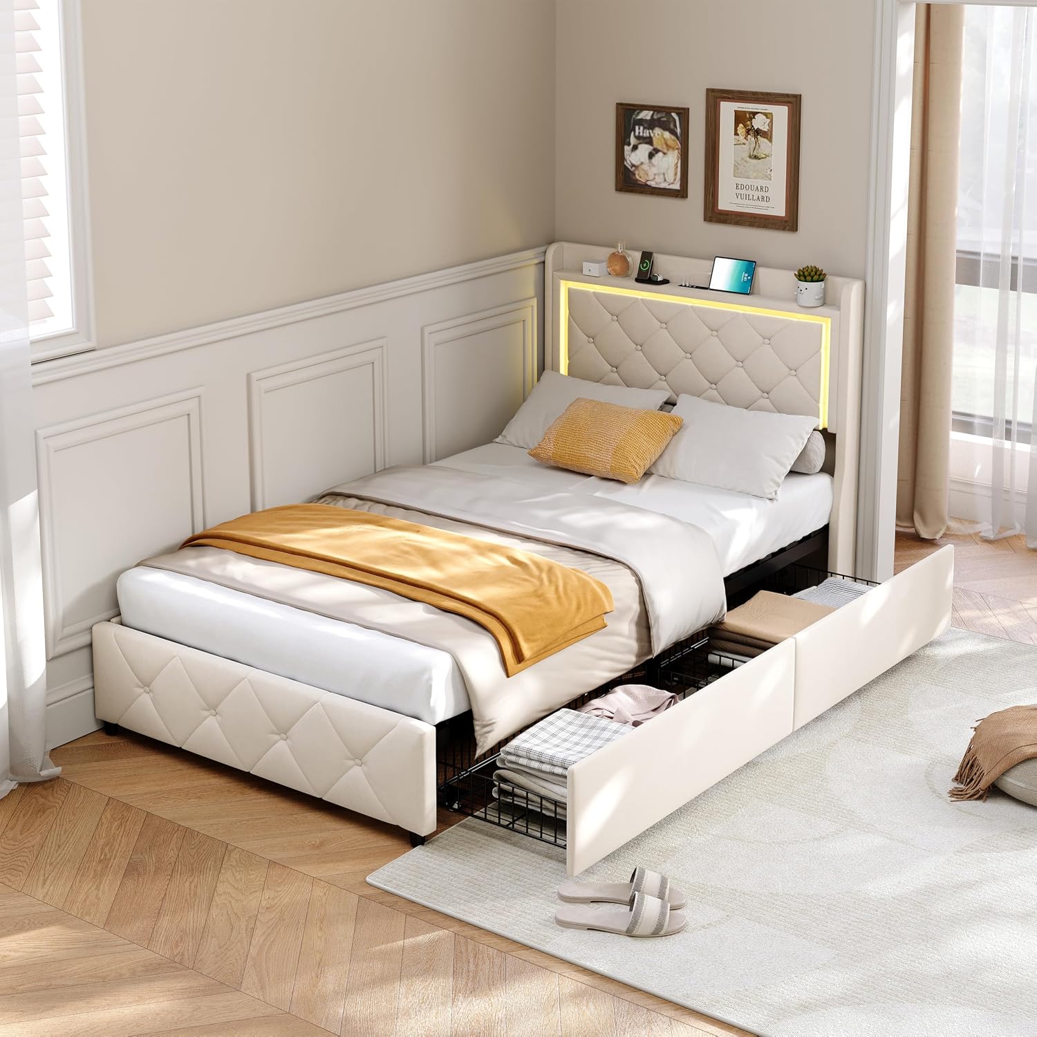 Lit Coffre Capitonné 140 x 200 cm – Tête de Lit Hydraulique & Sommier à Lattes – Flanelle Blanc Cassé
