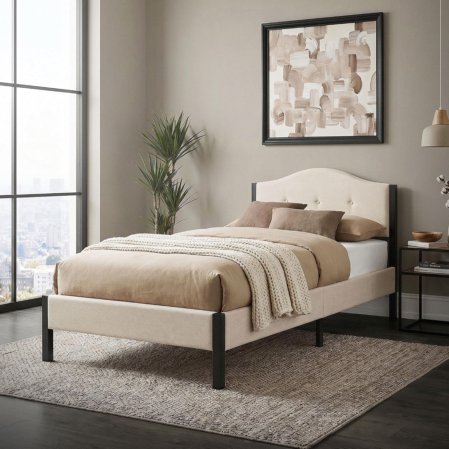 Lit Rembourré ML-Design | Cadre en Acier, Sommier à Lattes, Tête de Lit | Tissu Lin Beige ou Gris | 90/140/160/180 x 200 cm