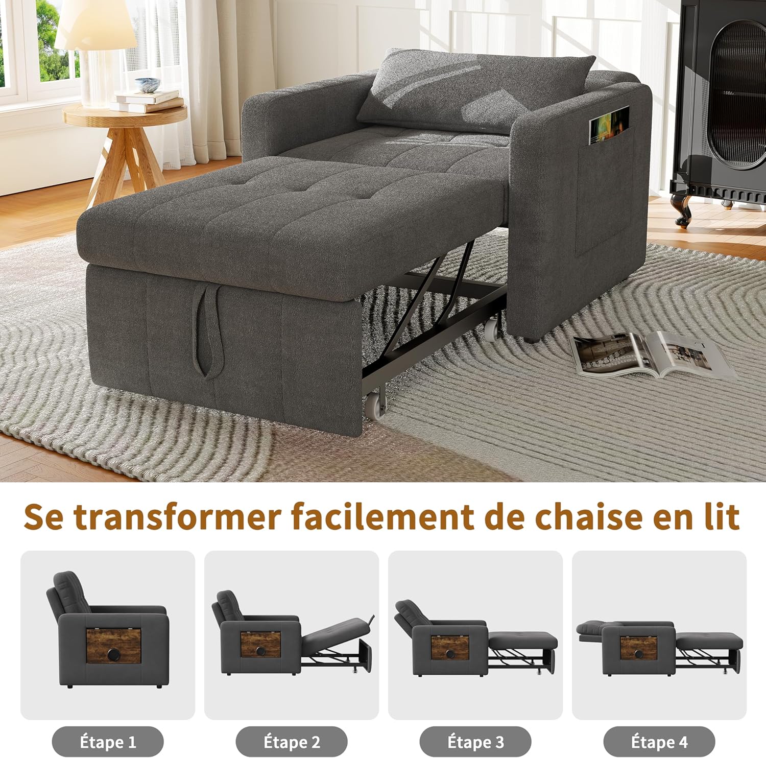 Canapé-Lit Convertible LKPOMI 2 Places — Velours Beige, Lit 180x200 cm