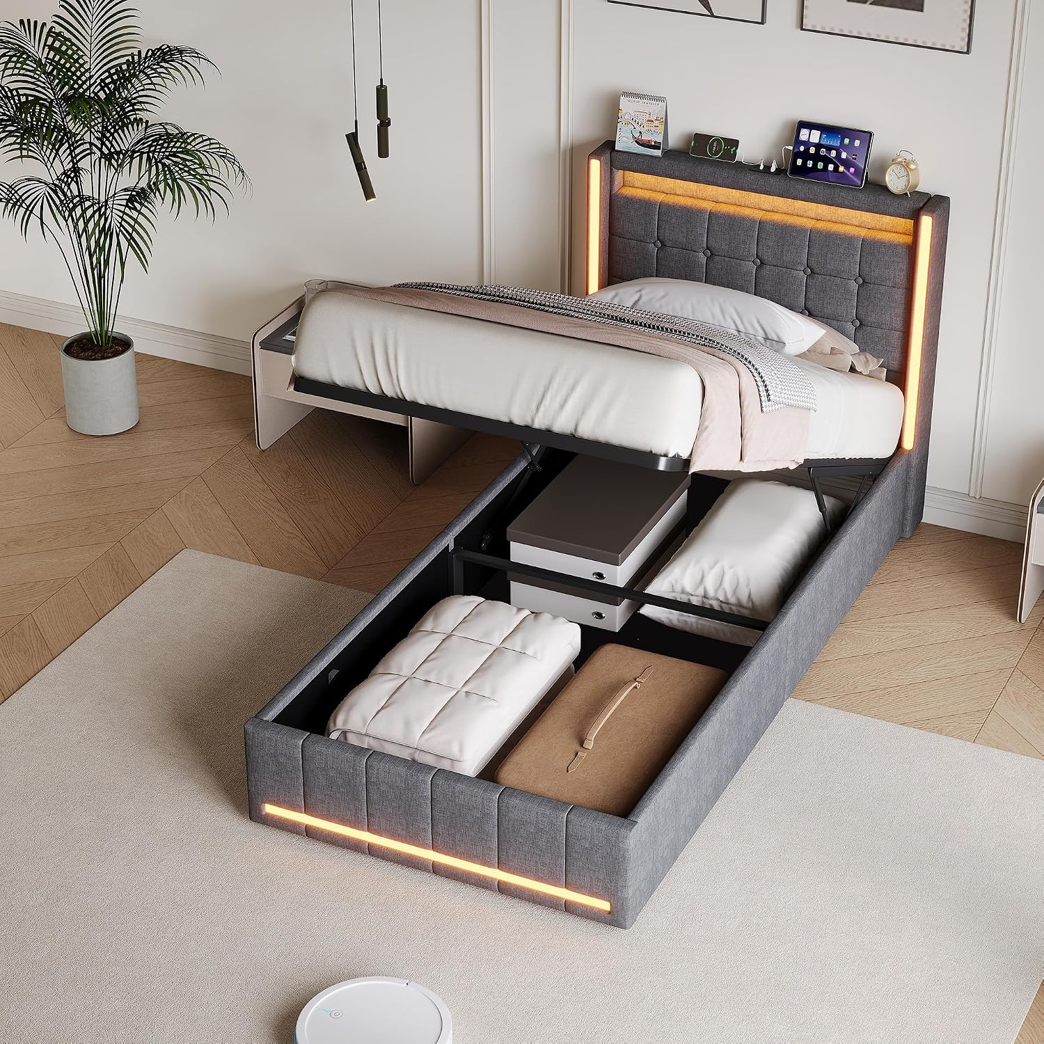 Lit Coffre 90x200 cm – Tête de Lit Rangement, Éclairage LED 16 Couleurs & Ports USB/USB-C