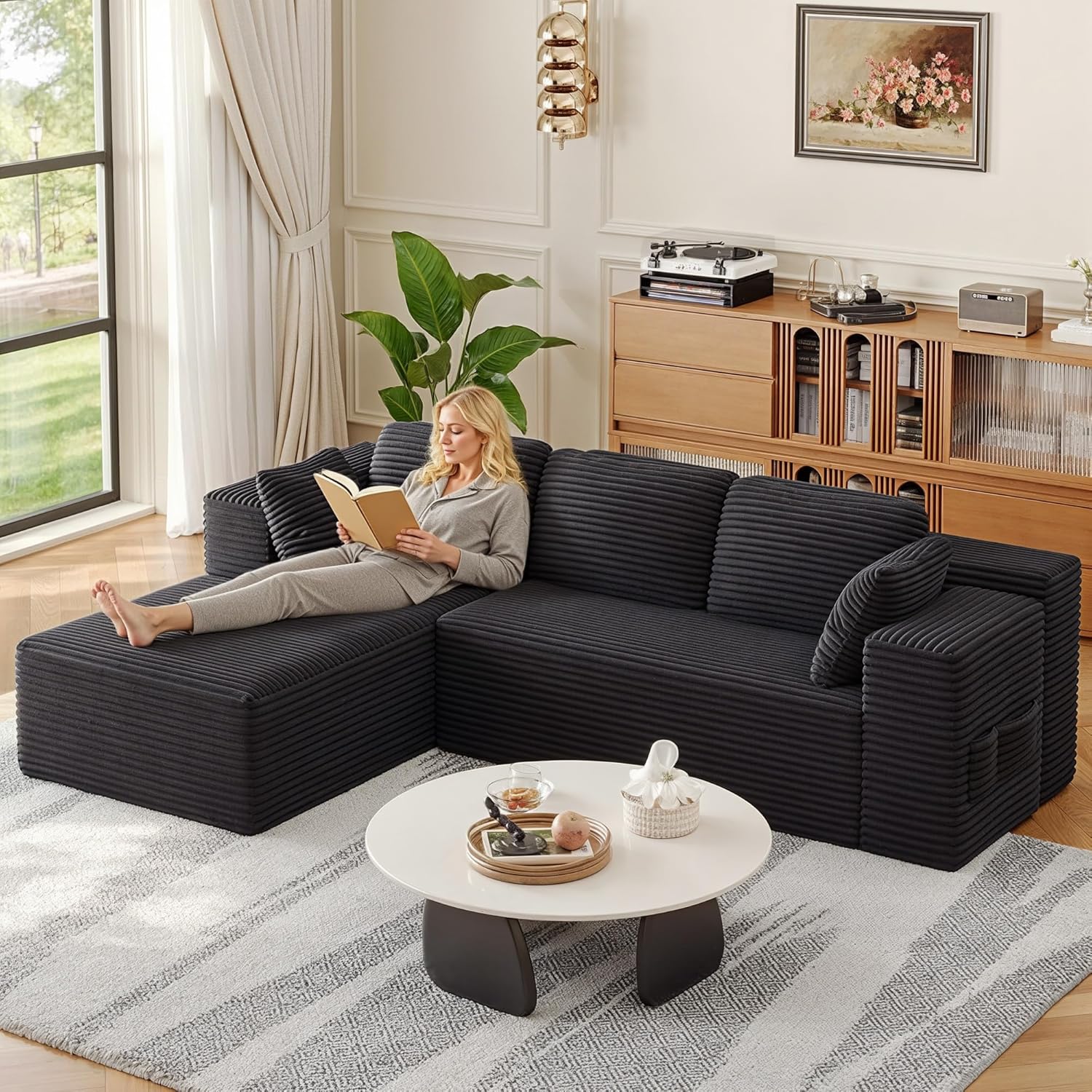 Canapé d'angle en L Xbro – 3 places – Méridienne gauche – Tissu côtelé gris foncé