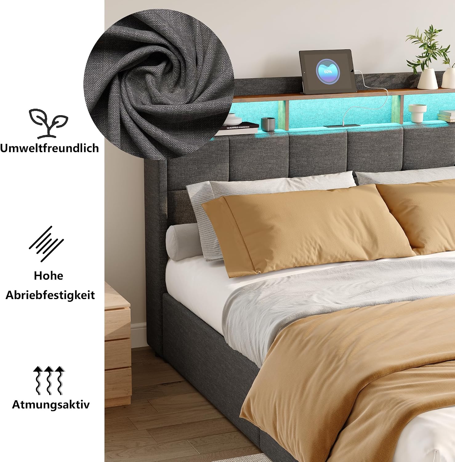Lit Coffre Capitonné 140 x 200 cm – Tête de Lit Hydraulique & Sommier à Lattes – Flanelle Blanc Cassé