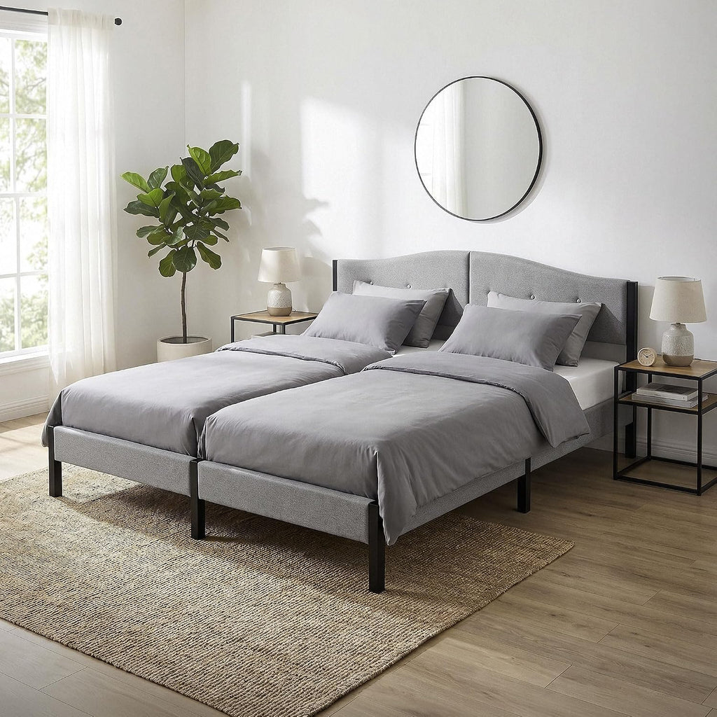 Lit Rembourré ML-Design | Cadre en Acier, Sommier à Lattes, Tête de Lit | Tissu Lin Beige ou Gris | 90/140/160/180 x 200 cm