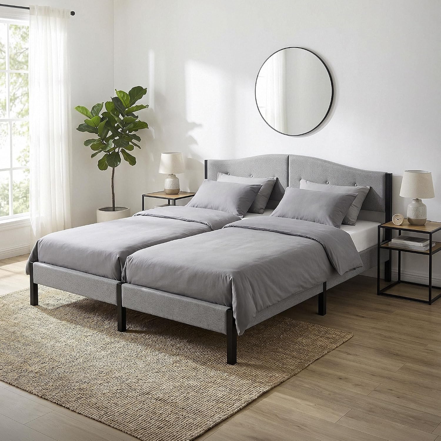 Lit Rembourré ML-Design | Cadre en Acier, Sommier à Lattes, Tête de Lit | Tissu Lin Beige ou Gris | 90/140/160/180 x 200 cm