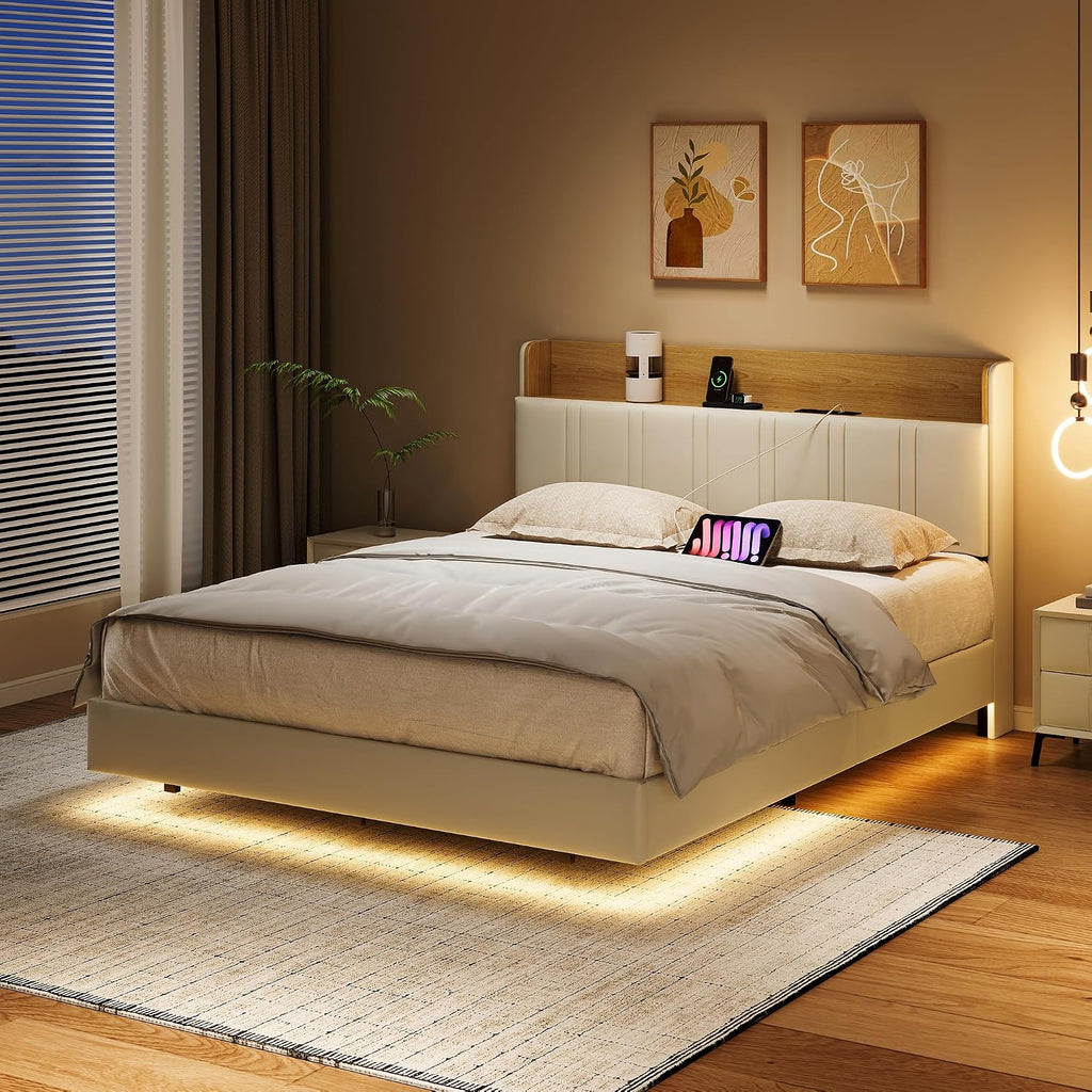 Lit Coffre LED RGB & Port USB | Rangement Hydraulique | Tête de Lit Rembourrée avec Étagères | 90 à 160 x 200 cm