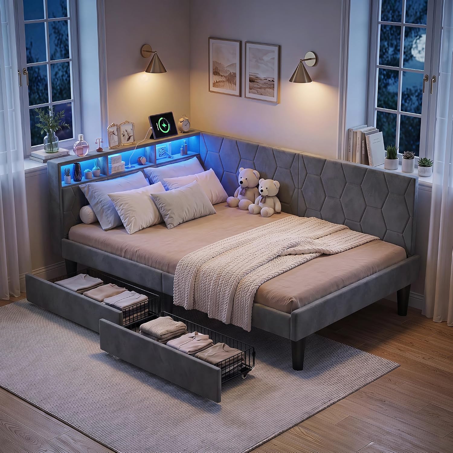 Lit Coffre 90x200 cm – Tête de Lit Rangement, Éclairage LED 16 Couleurs & Ports USB/USB-C