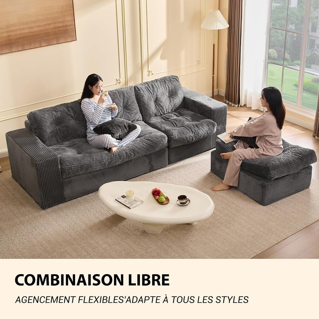 Canapé d'angle modulable Litbird – 3 places + pouf – Velours côtelé beige – Sans montage