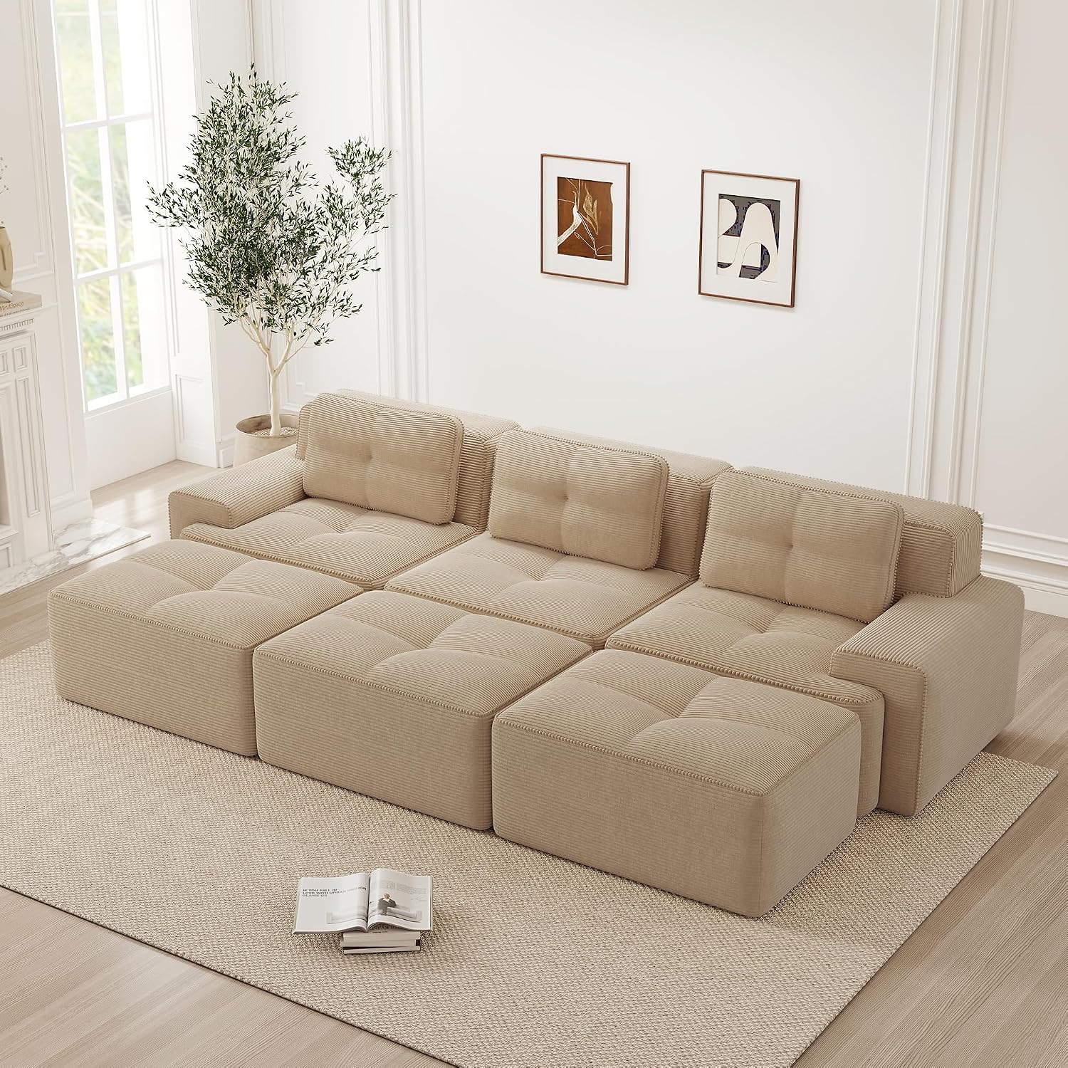 Canapé modulable en L Bladez – 3+1 places – Tissu côtelé kaki clair – Assise profonde