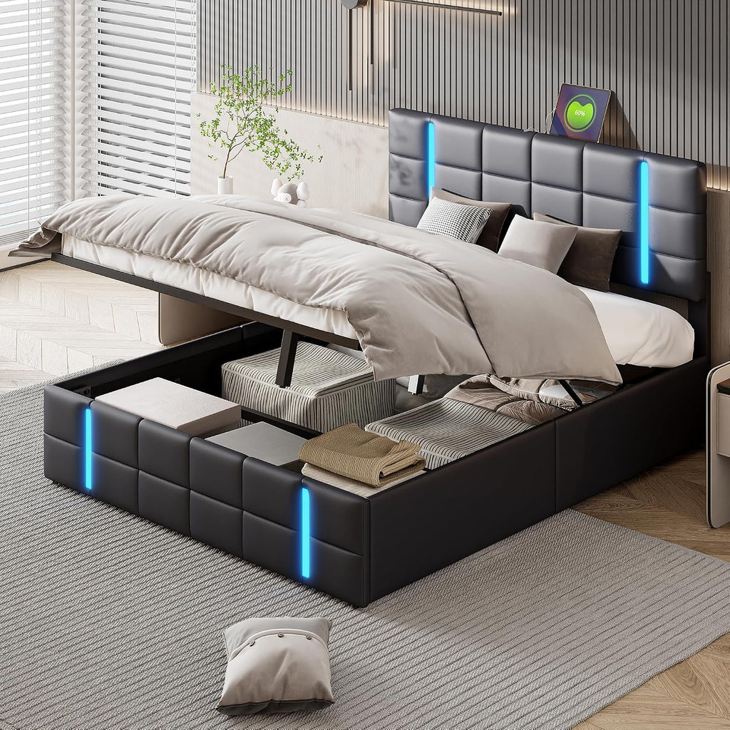 Lit Coffre LED RGB & Port USB | Rangement Hydraulique | Tête de Lit Rembourrée avec Étagères | 90 à 160 x 200 cm