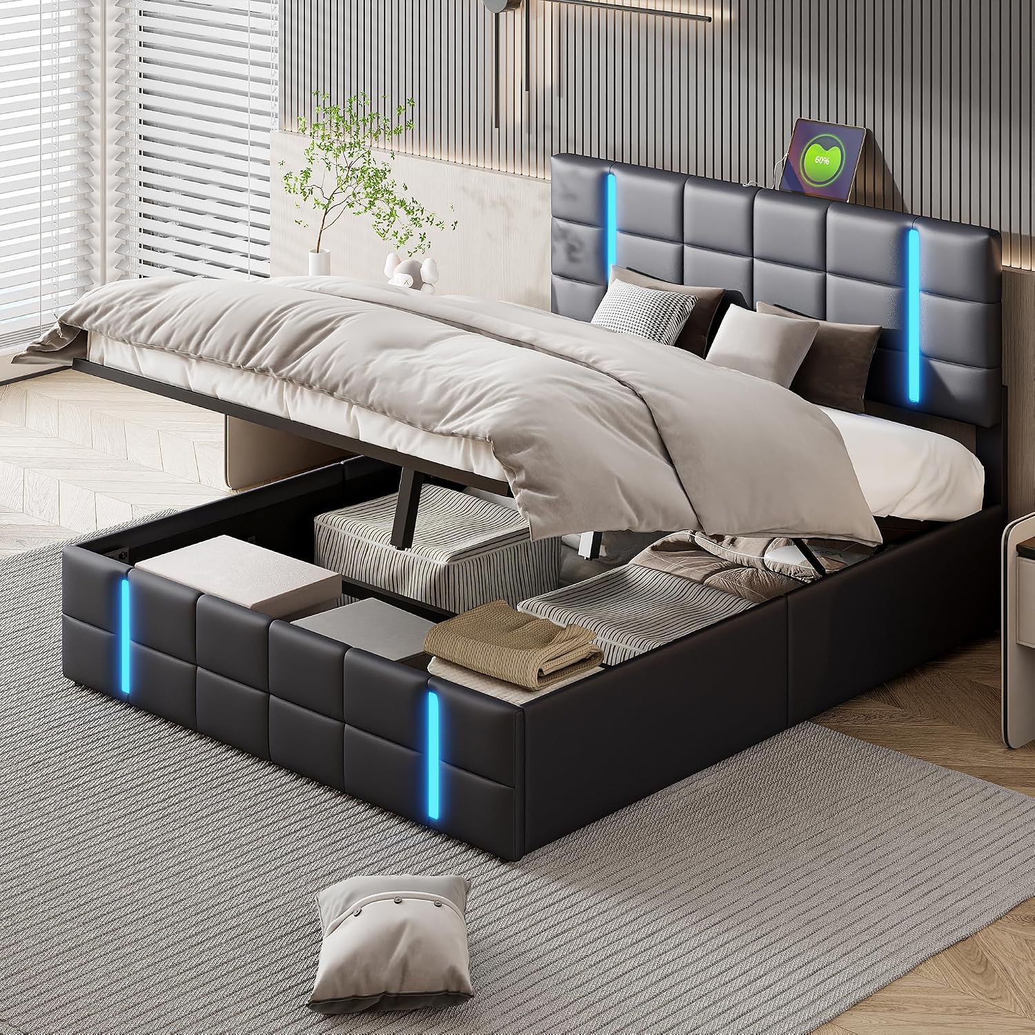 Lit Coffre LED RGB & Port USB | Rangement Hydraulique | Tête de Lit Rembourrée avec Étagères | 90 à 160 x 200 cm
