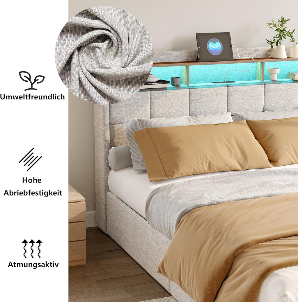 Lit Coffre Capitonné 140 x 200 cm – Tête de Lit Hydraulique & Sommier à Lattes – Flanelle Blanc Cassé