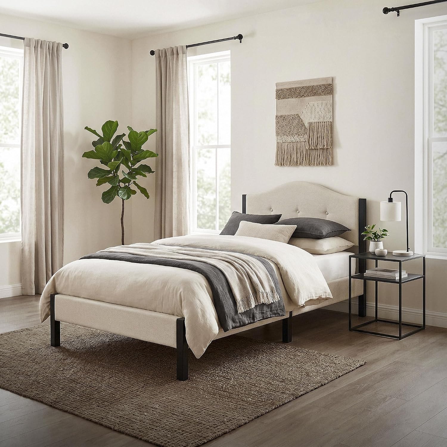 Lit Rembourré ML-Design | Cadre en Acier, Sommier à Lattes, Tête de Lit | Tissu Lin Beige ou Gris | 90/140/160/180 x 200 cm