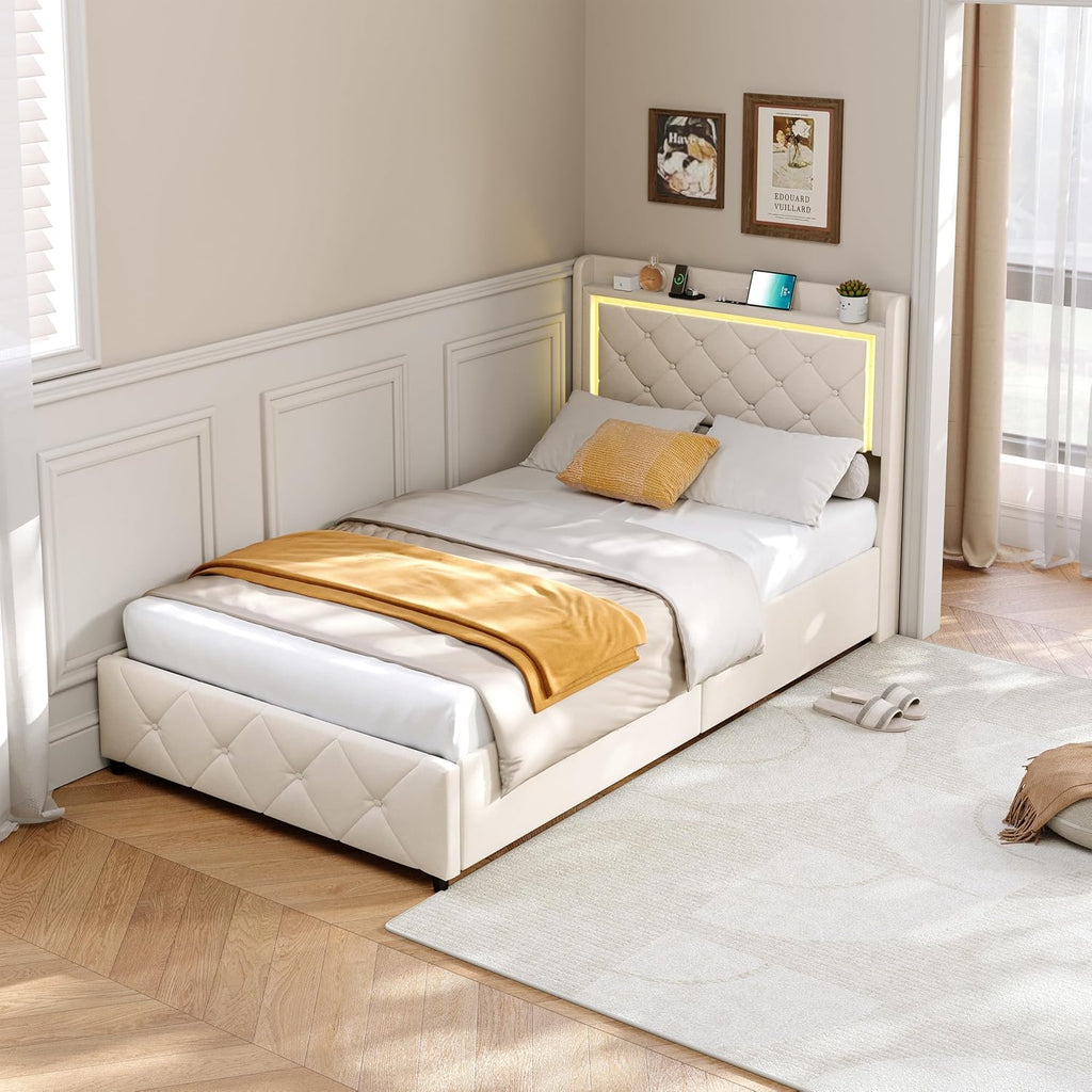 Lit Coffre Capitonné 140 x 200 cm – Tête de Lit Hydraulique & Sommier à Lattes – Flanelle Blanc Cassé