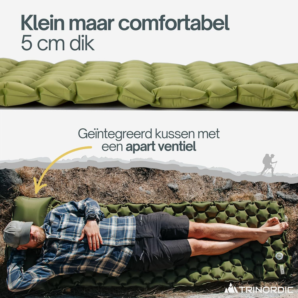 Trinordic campingmat uiterst lichte opblaasbare slaapmat met kussen, opvouwbaar opblaasbaar licht eenpersoonsbed, draagbaar luchtkussen, voor buiten, backpacken, wandelen, reizen