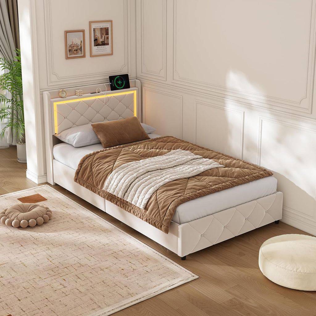 Lit Coffre Capitonné 140 x 200 cm – Tête de Lit Hydraulique & Sommier à Lattes – Flanelle Blanc Cassé