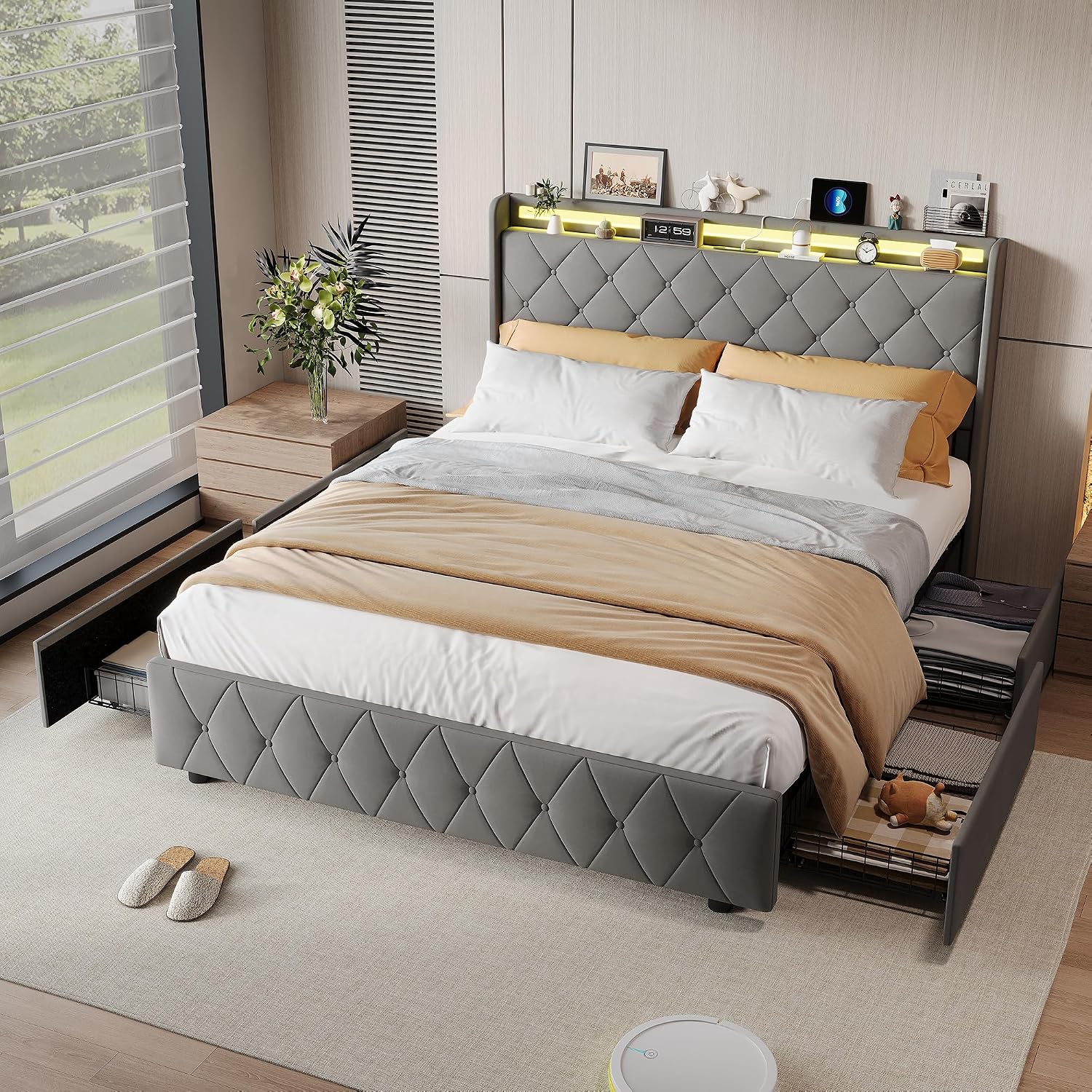 Lit Double 140x200 cm – 4 Tiroirs de Rangement, Éclairage LED +6000 Couleurs & Tête de Lit Réglable en PU