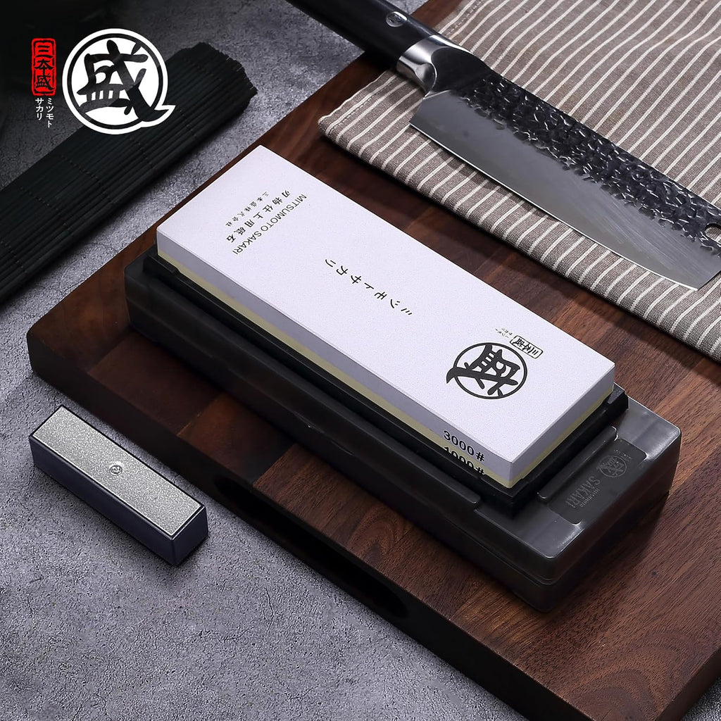 Pierre à Aiguiser MITSUMOTO SAKARI 1000/3000 Grit – Double Face, Socle Antidérapant