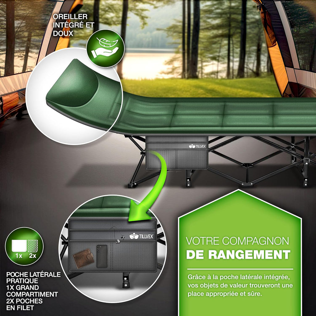 tillvex® Opvouwbaar campingbed met draagtas tot 200 kg, extra grote campingstoel, campingbed voor binnen en buiten, opvouwbaar logeerbed voor tuin, camping, vissen,