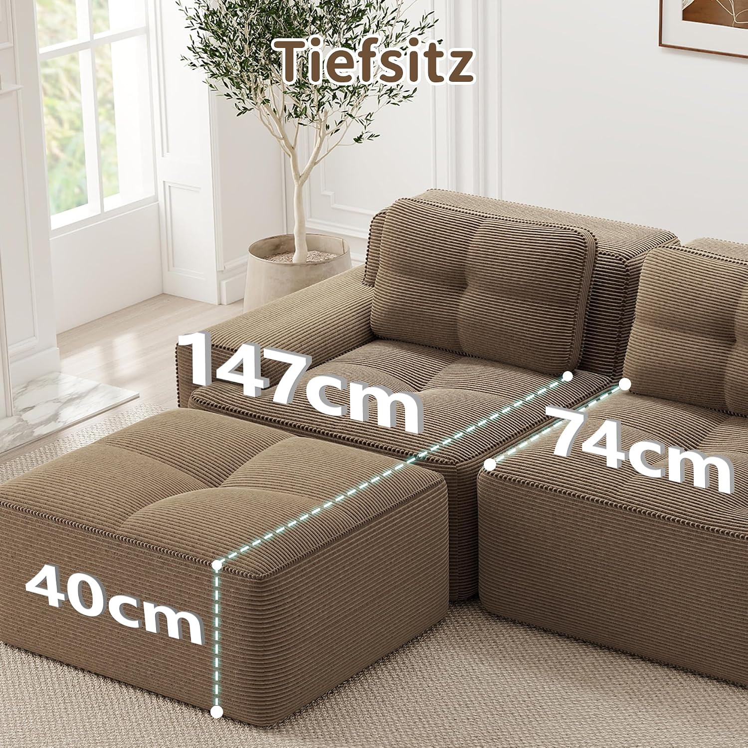 Canapé Modulable Cloud en Velours Côtelé – Assise Profonde, Convertible, Sans Montage