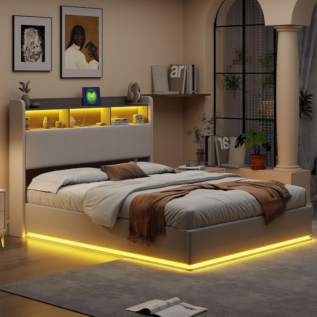 Lit Coffre LED RGB & Port USB | Rangement Hydraulique | Tête de Lit Rembourrée avec Étagères | 90 à 160 x 200 cm