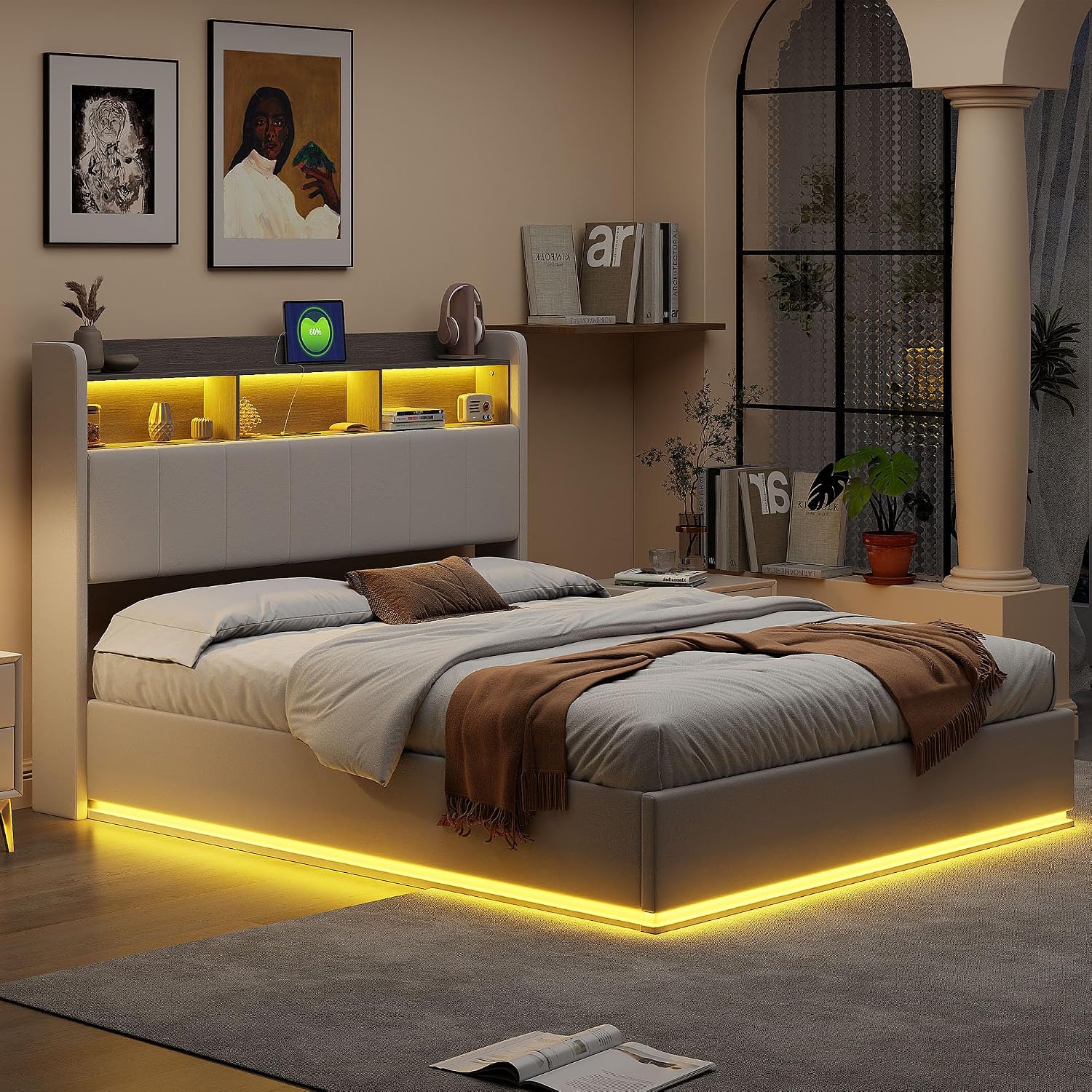 Lit Coffre LED RGB & Port USB | Rangement Hydraulique | Tête de Lit Rembourrée avec Étagères | 90 à 160 x 200 cm