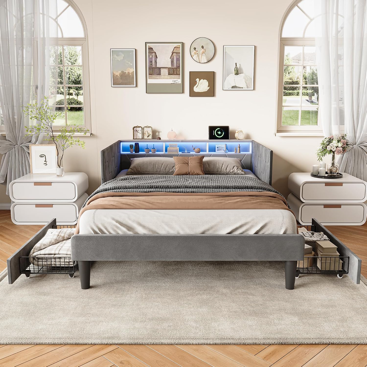 Canapé-Lit Convertible LKPOMI 2 Places — Velours Beige, Lit 180x200 cm