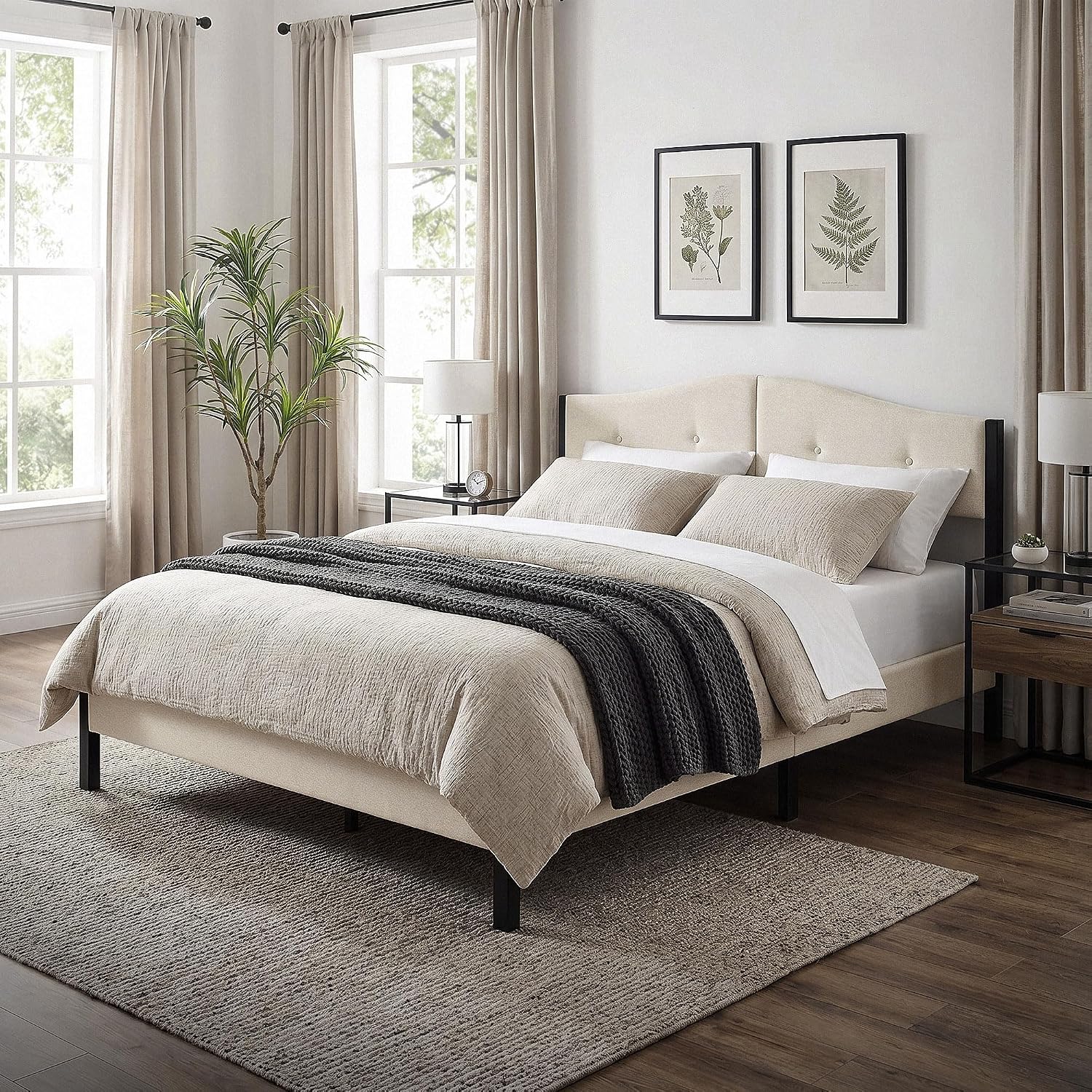 Lit Rembourré ML-Design | Cadre en Acier, Sommier à Lattes, Tête de Lit | Tissu Lin Beige ou Gris | 90/140/160/180 x 200 cm