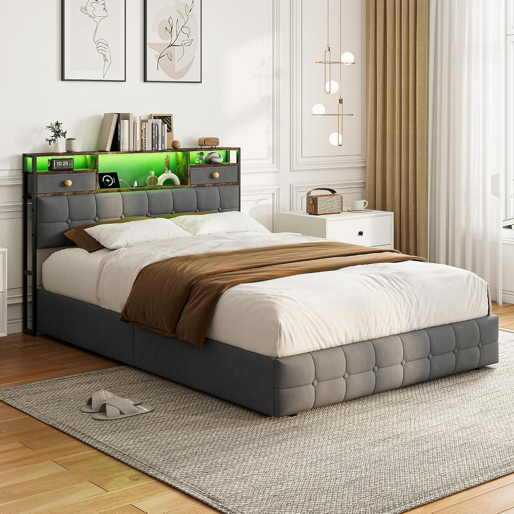 Lit Double 140x200 cm – 4 Tiroirs de Rangement, Éclairage LED +6000 Couleurs & Tête de Lit Réglable en PU