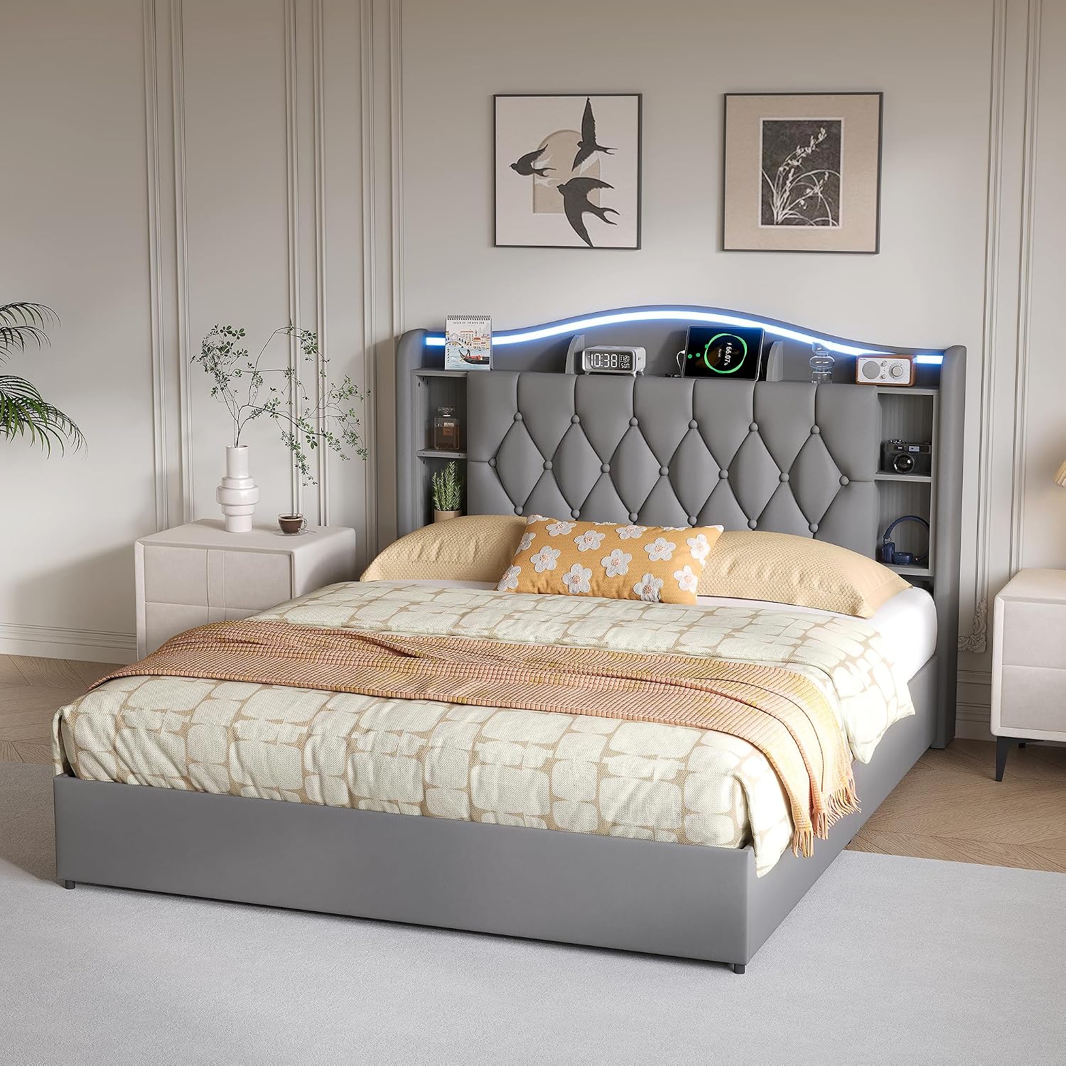 Lit Coffre BRILVERDE | LED RGB & Port USB | Sommier à Lattes | Tissu Lin | 90 à 160 x 200 cm