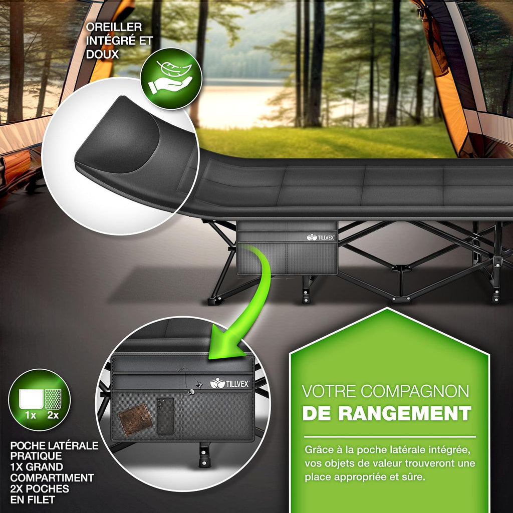 tillvex® Opvouwbaar campingbed met draagtas tot 200 kg, extra grote campingstoel, campingbed voor binnen en buiten, opvouwbaar logeerbed voor tuin, camping, vissen,