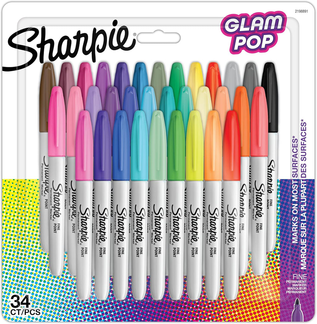 Sharpie Glam Pop Permanent Markers | Fine Tip for Bold Detail | Assorted Colours | 34 Marker Pens