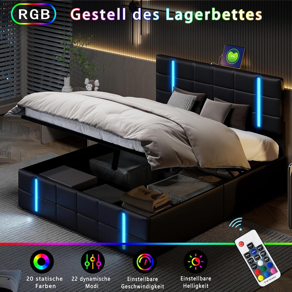 Lit Coffre LED RGB & Port USB | Rangement Hydraulique | Tête de Lit Rembourrée avec Étagères | 90 à 160 x 200 cm