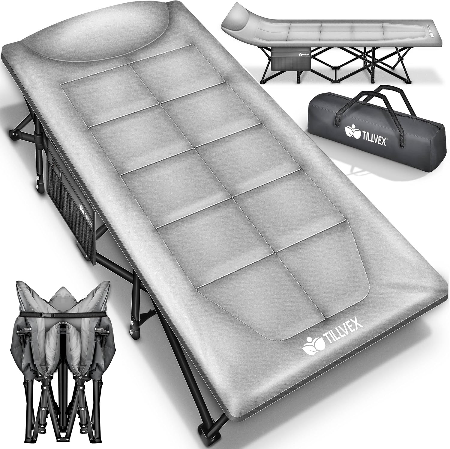 tillvex® Opvouwbaar campingbed met draagtas tot 200 kg, extra grote campingstoel, campingbed voor binnen en buiten, opvouwbaar logeerbed voor tuin, camping, vissen,