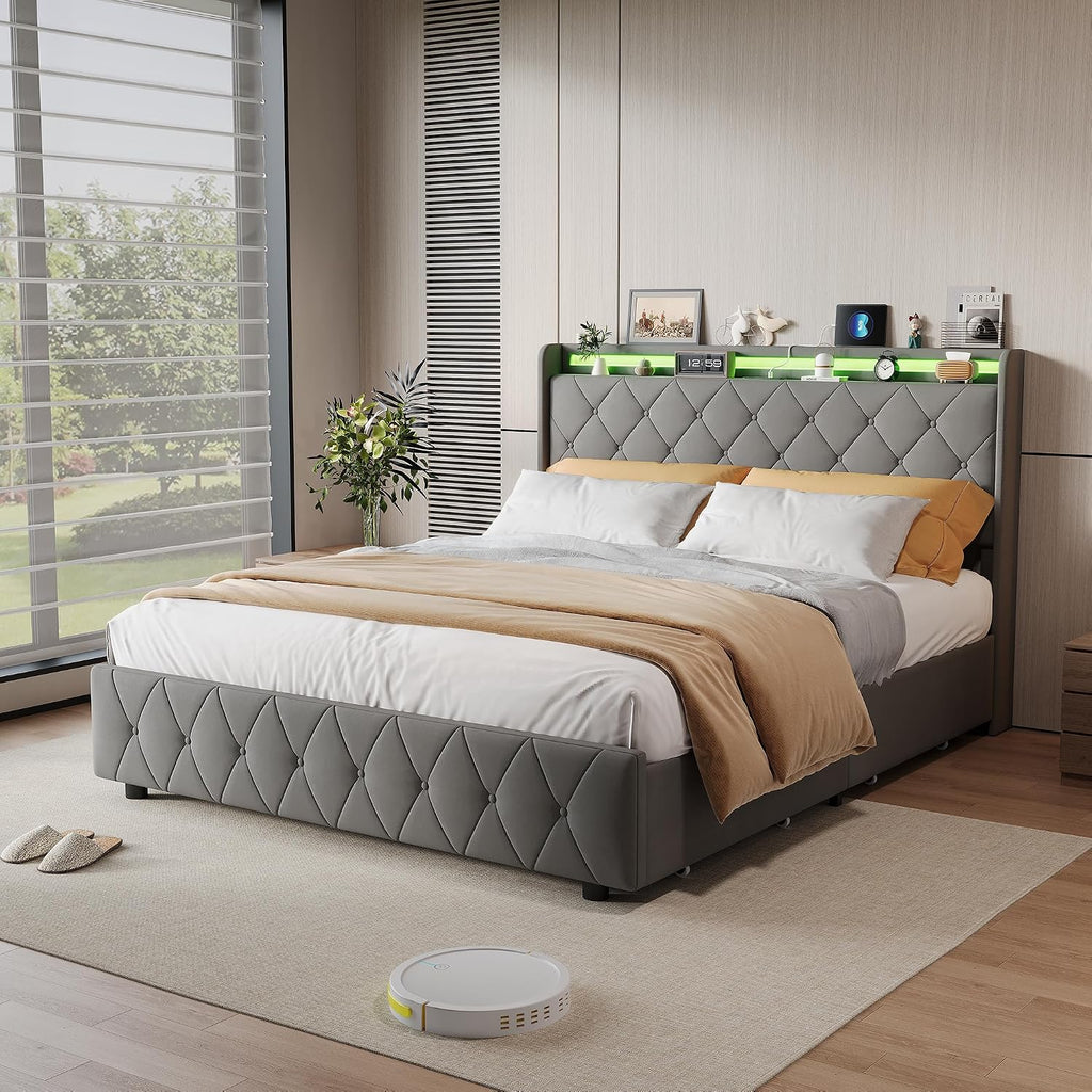 Lit Double 140x200 cm – 4 Tiroirs de Rangement, Éclairage LED +6000 Couleurs & Tête de Lit Réglable en PU