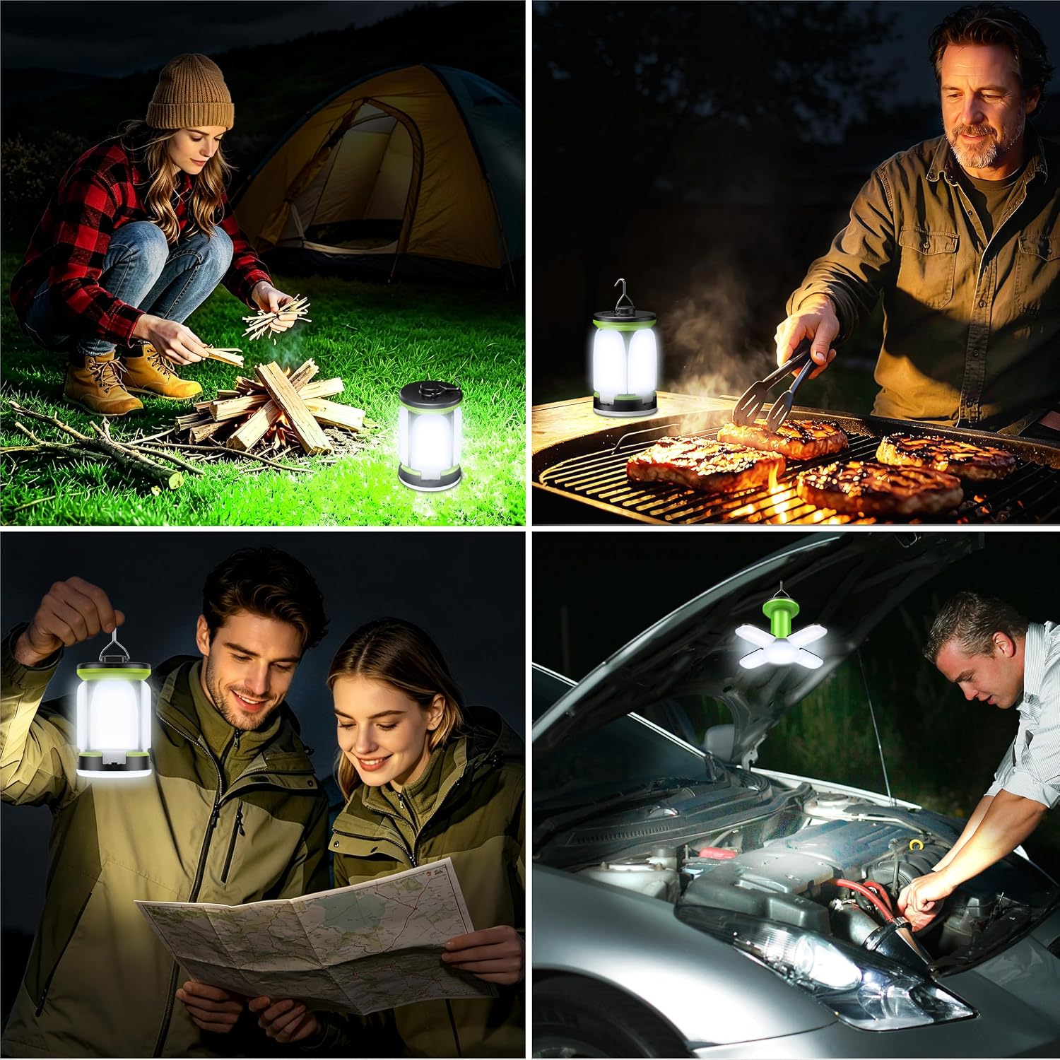 Blukar Campinglantaarn, oplaadbaar, 2000 lm, campinglamp, led, opvouwbaar, 7 verlichtingsmodi, 60 leds, superhelder, 10 uur batterijduur, draagbaar, voor vissen/stroomuitval, 2 stuks