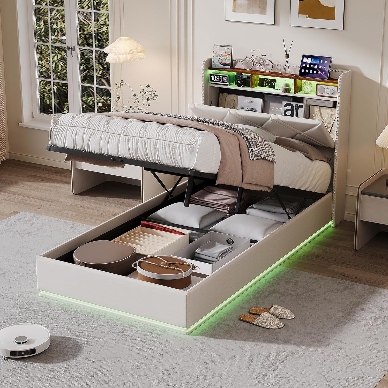 Lit Coffre 90x200 cm – Tête de Lit Rangement, Éclairage LED 16 Couleurs & Ports USB/USB-C