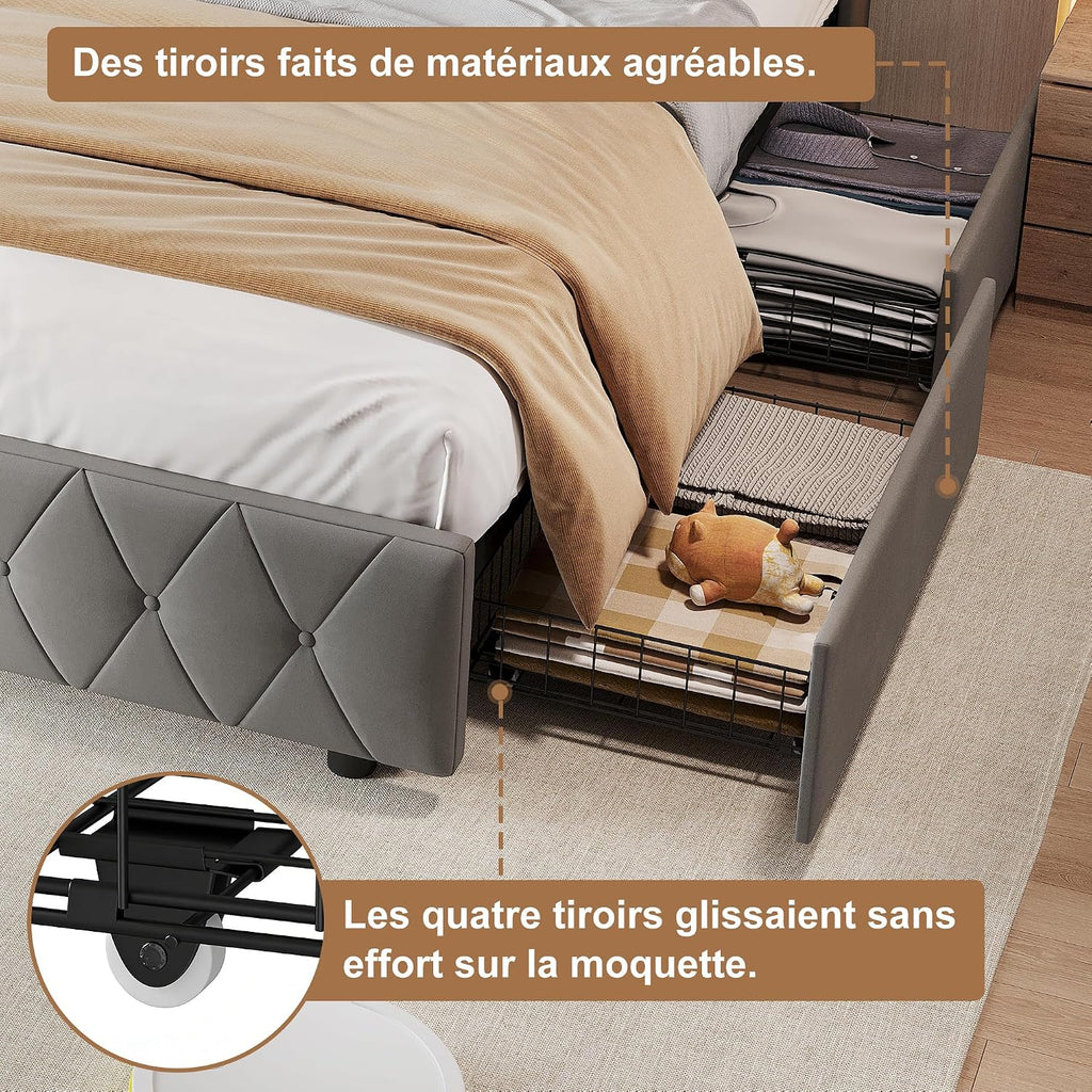 Lit Double 140x200 cm – 4 Tiroirs de Rangement, Éclairage LED +6000 Couleurs & Tête de Lit Réglable en PU