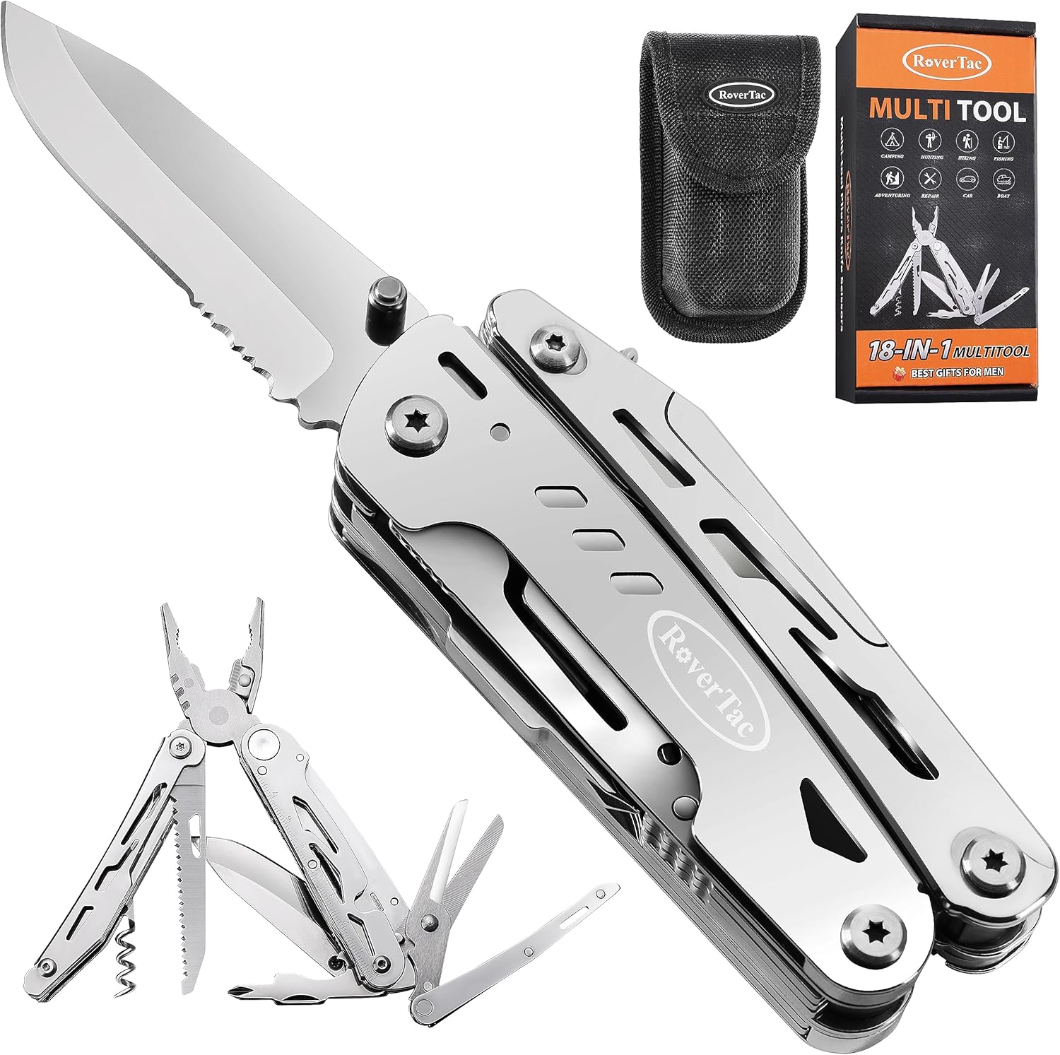 RoverTac Multitool zakmes tactisch survivalmes camping geschenken voor mannen papa echtgenoot 18 in 1 multi-tool mes tang schaar kurkentrekker 9-pack schroevendraaier
