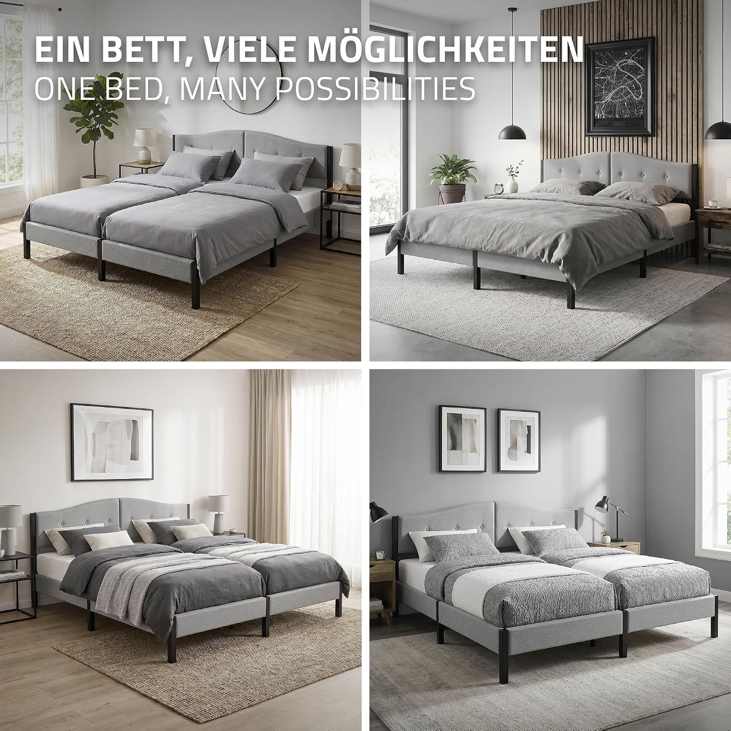 Lit Rembourré ML-Design | Cadre en Acier, Sommier à Lattes, Tête de Lit | Tissu Lin Beige ou Gris | 90/140/160/180 x 200 cm