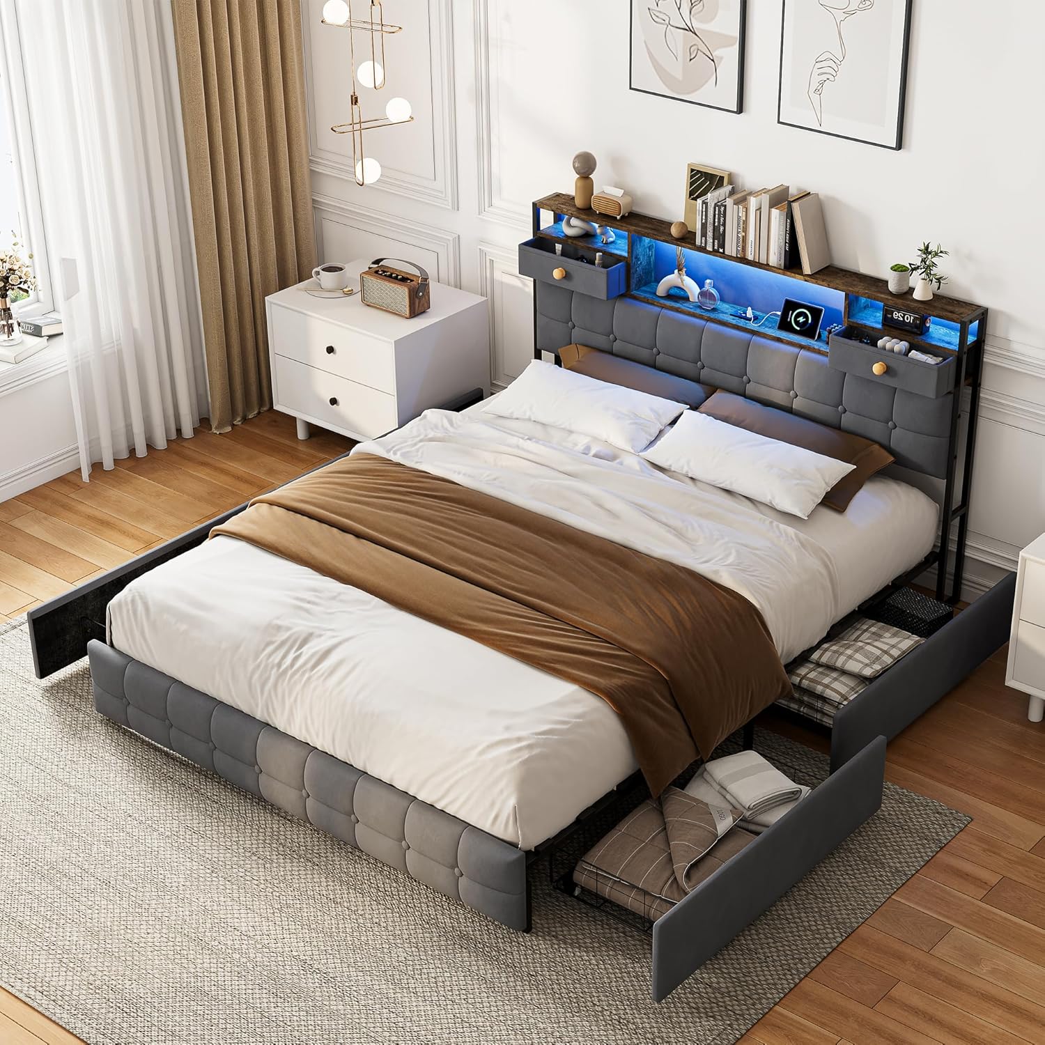 Lit Double 140x200 cm – 4 Tiroirs de Rangement, Éclairage LED +6000 Couleurs & Tête de Lit Réglable en PU