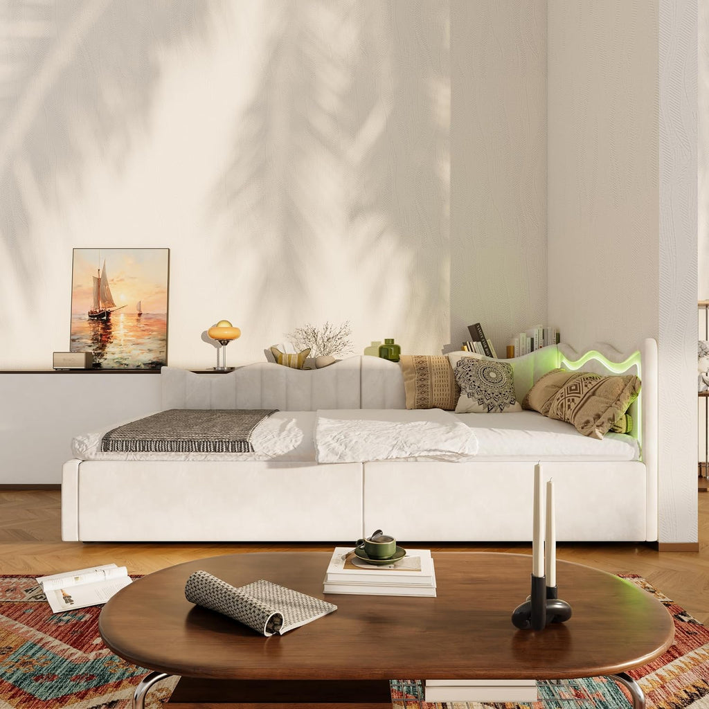 Canapé-Lit Convertible LKPOMI 2 Places — Velours Beige, Lit 180x200 cm