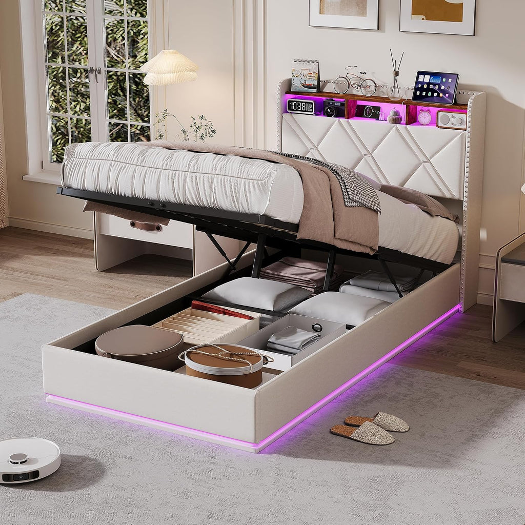 Lit Coffre 90x200 cm – Tête de Lit Rangement, Éclairage LED 16 Couleurs & Ports USB/USB-C